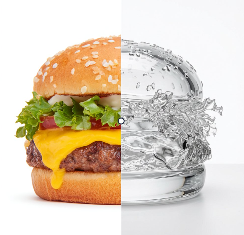 Even reimagined a burger made of glass, reflections, textures, transparency, all spot on.